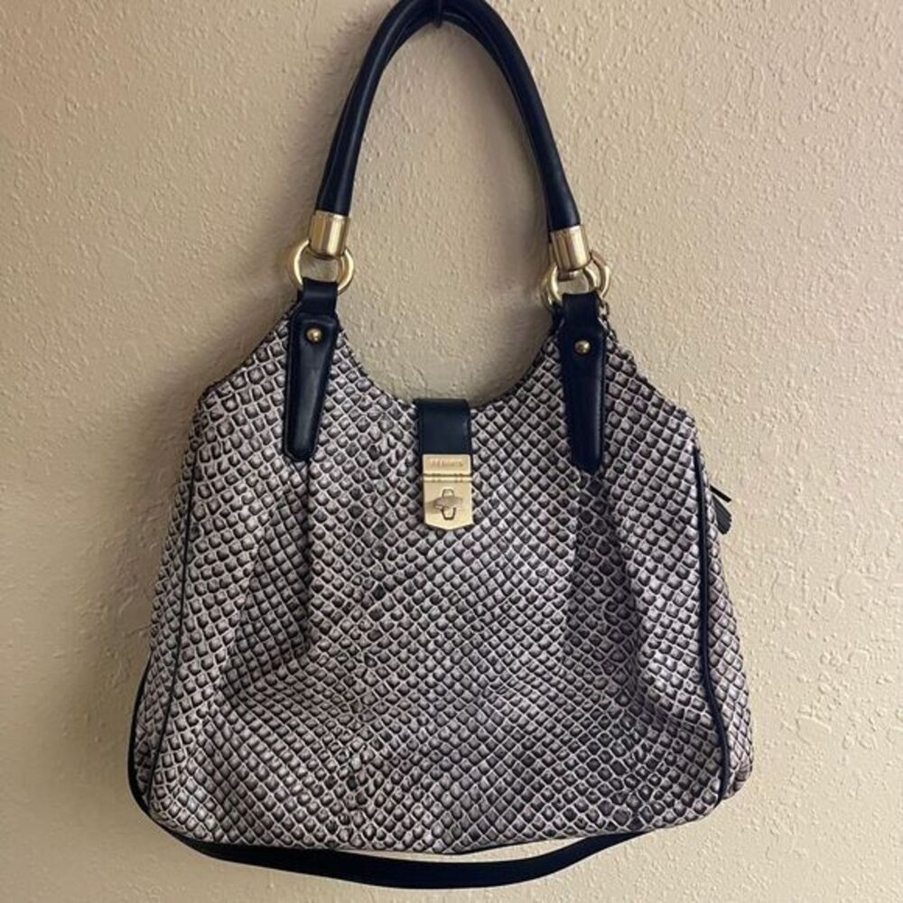 Brahmin Elisa Snake Lizard Print Black White Gold Lock Tassel Hobo Shoulder Bag - Picture 2 of 10